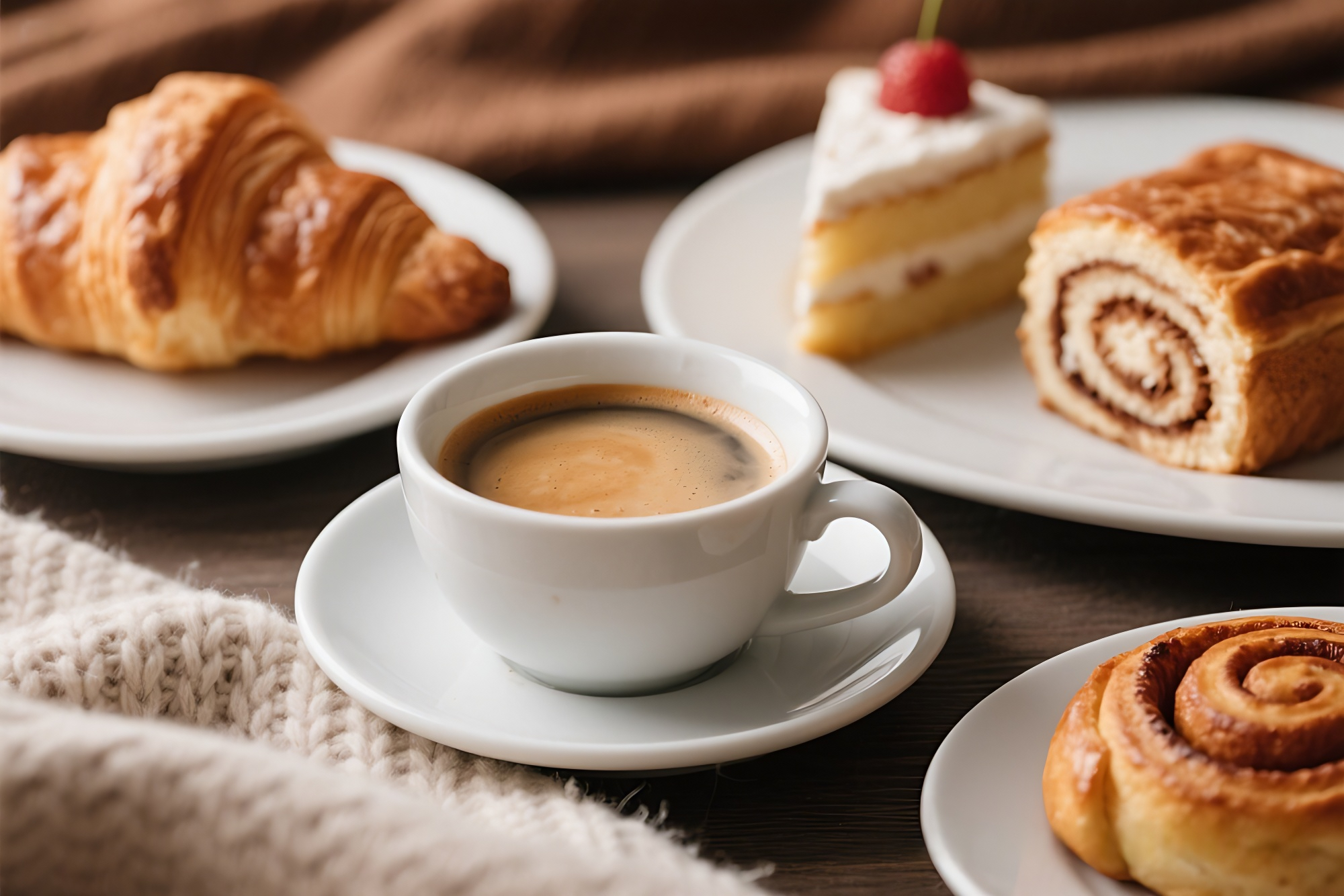 A spread of freshly baked pastries — croissant, cherry cake, bread roll, and cinnamon roll — alongside a cup of coffee