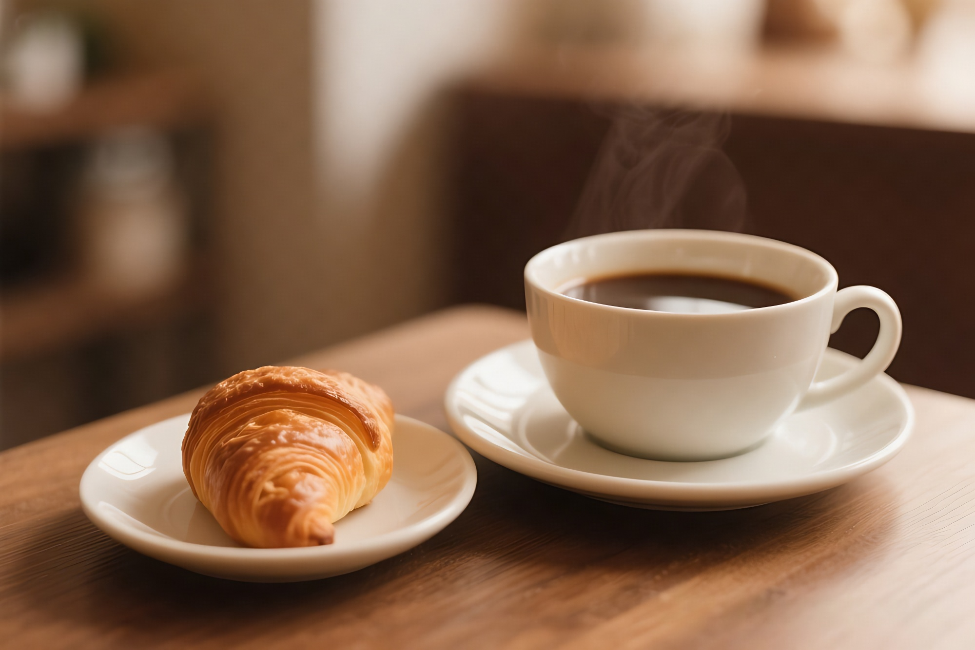 A warm cup of coffee beside a freshly baked croissant on a wooden table