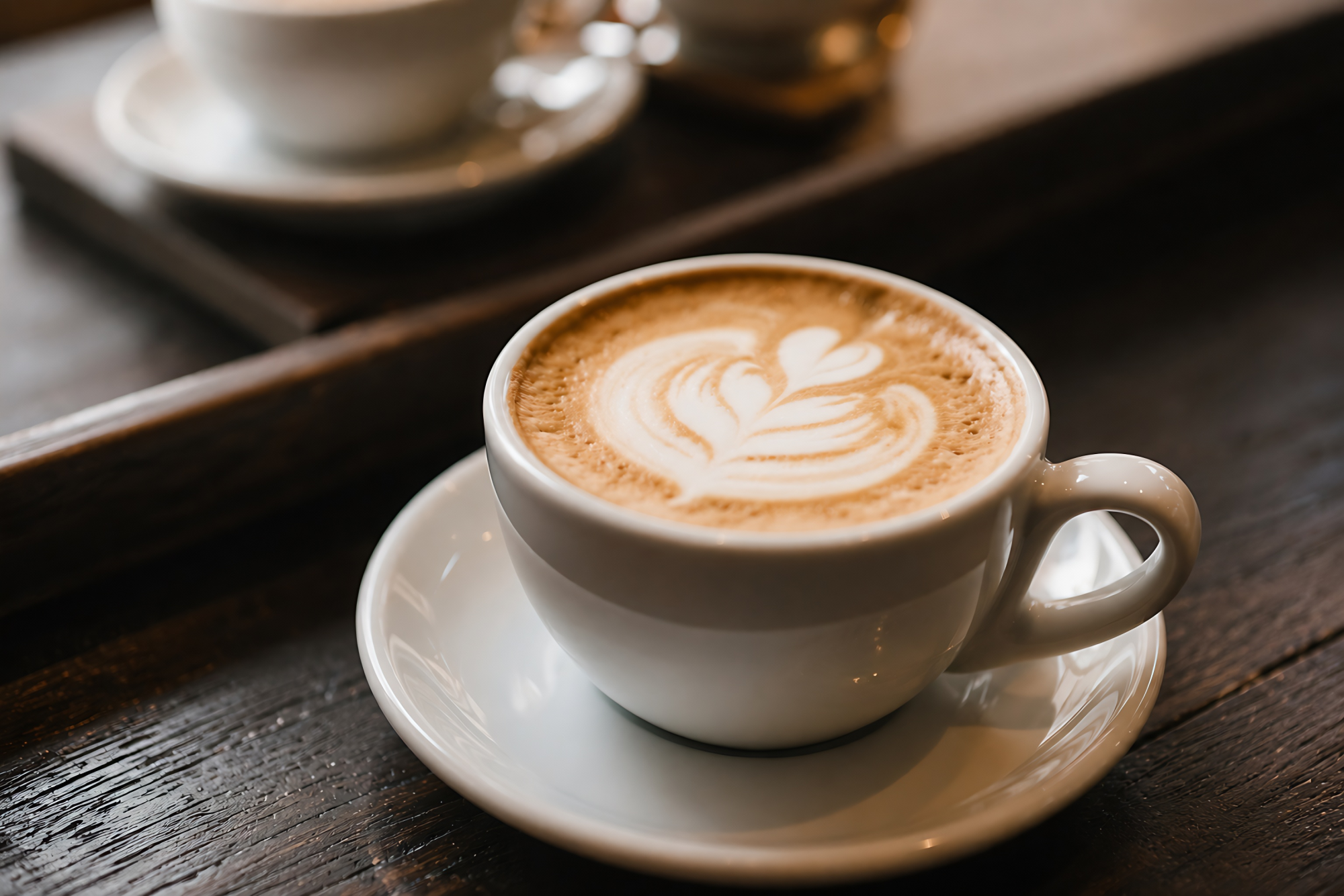 A cappuccino with delicate heart-shaped latte art in a ceramic cup